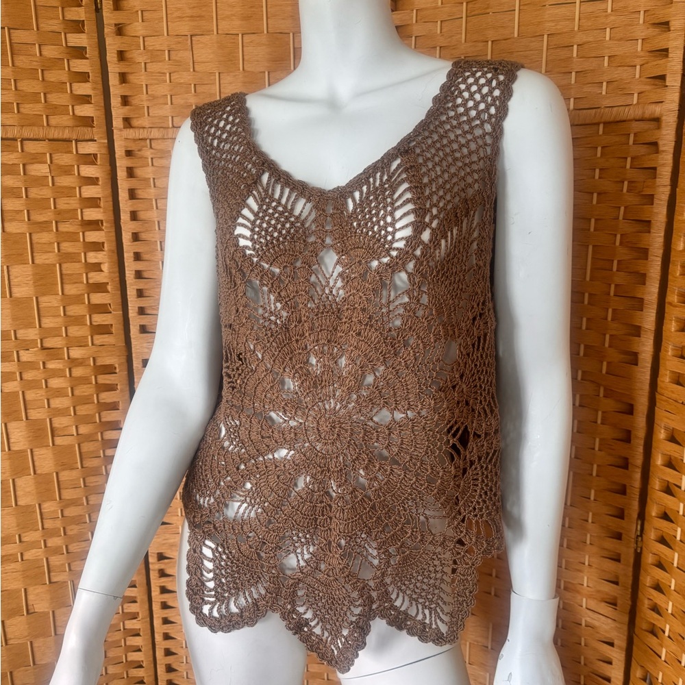 Brown Boho Crochet Sleeveless Tank Top